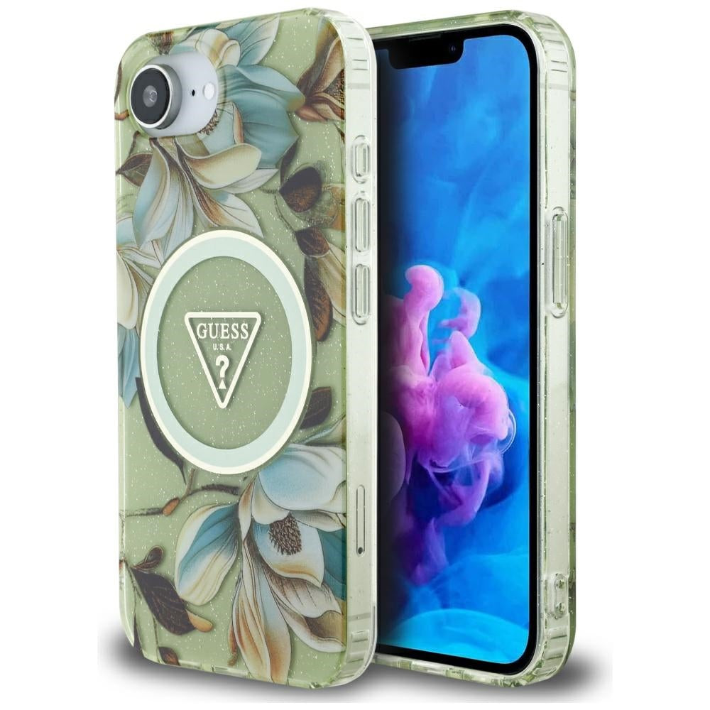 Custodia MagSafe per Apple iPhone 16e, Guess, IML Metal Glitter Flowers Triangle, Verde