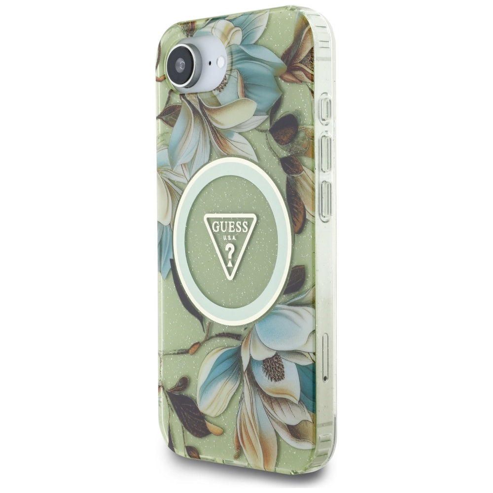 Custodia MagSafe per Apple iPhone 16e, Guess, IML Metal Glitter Flowers Triangle, Verde