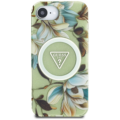 Custodia MagSafe per Apple iPhone 16e, Guess, IML Metal Glitter Flowers Triangle, Verde