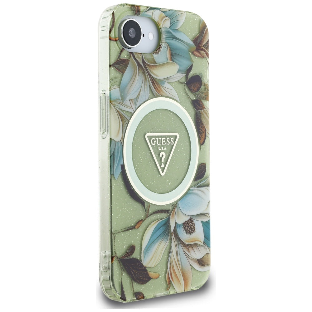 Custodia MagSafe per Apple iPhone 16e, Guess, IML Metal Glitter Flowers Triangle, Verde