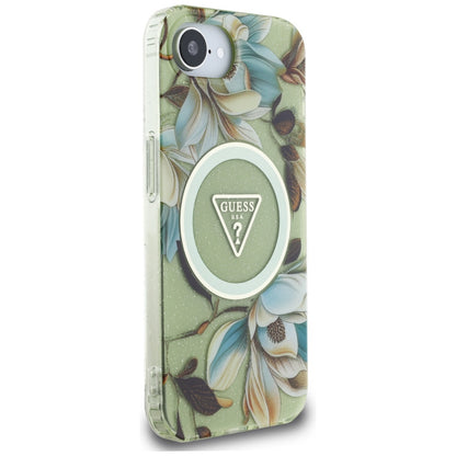 Custodia MagSafe per Apple iPhone 16e, Guess, IML Metal Glitter Flowers Triangle, Verde