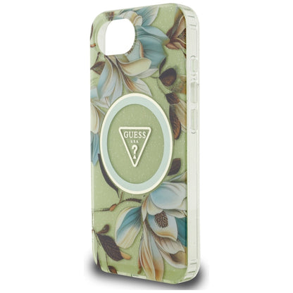 Custodia MagSafe per Apple iPhone 16e, Guess, IML Metal Glitter Flowers Triangle, Verde