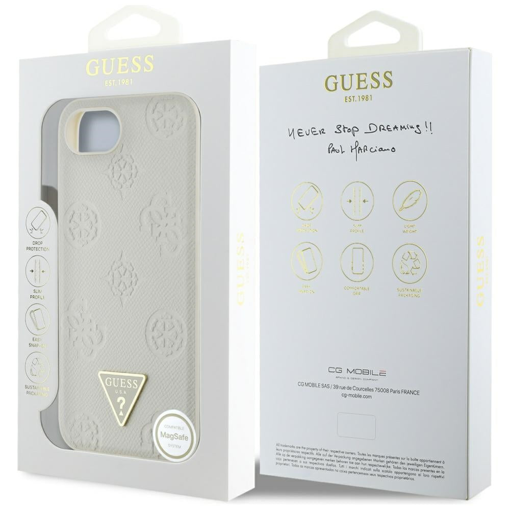 Custodia MagSafe per Apple iPhone 16e, Guess, Peony Grained Hot Stamp Triangle, Beige
