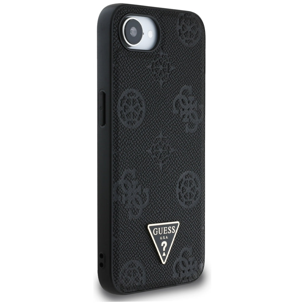 Custodia MagSafe per Apple iPhone 16e, Guess, Peony Grained Hot Stamp Triangle, Nera