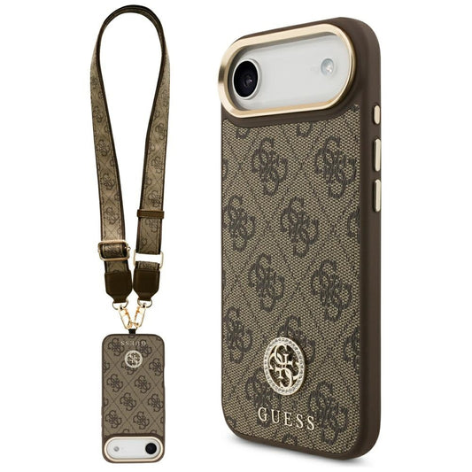 MagSafe Case for Apple iPhone 17 Air, Guess, 4G Strass Logo with Big Strap, Brown