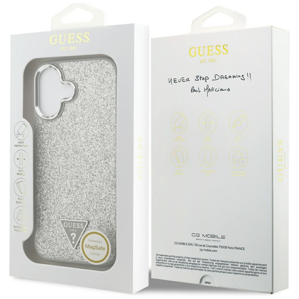 Custodia MagSafe per Apple iPhone 17, Guess, Glitter Triangle Logo, Argento