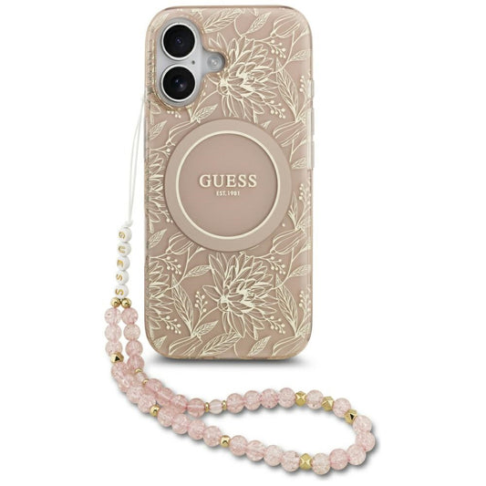 Custodia MagSafe per Apple iPhone 17, Guess, IML Flowers Allover Electroplated with Pearl Strap, Nera