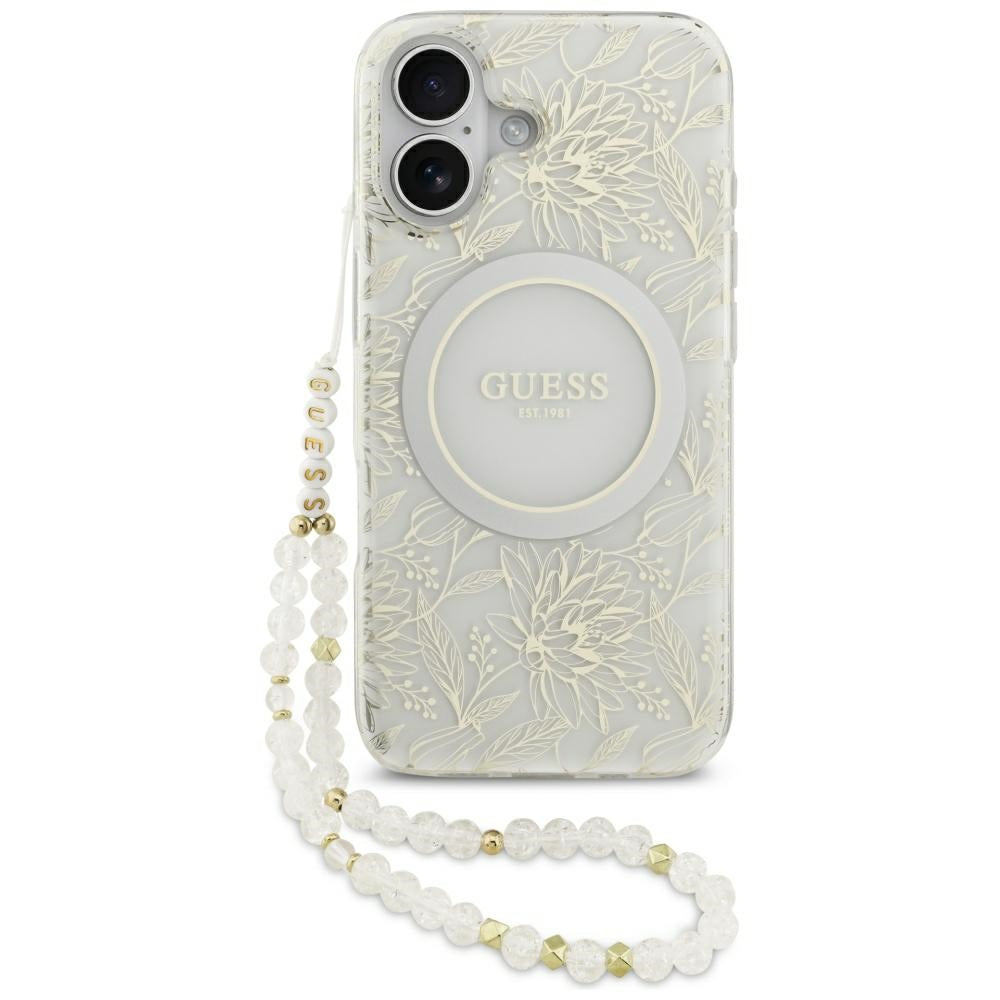 Custodia MagSafe per Apple iPhone 17, Guess, IML Flowers with Pearl Strap, Bianca