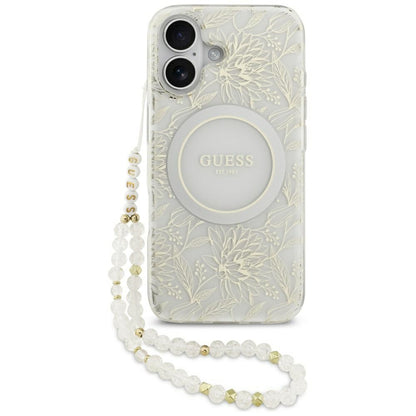 Custodia MagSafe per Apple iPhone 17, Guess, IML Flowers with Pearl Strap, Bianca