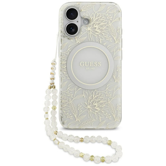 Custodia MagSafe per Apple iPhone 17, Guess, IML Flowers with Pearl Strap, Bianca