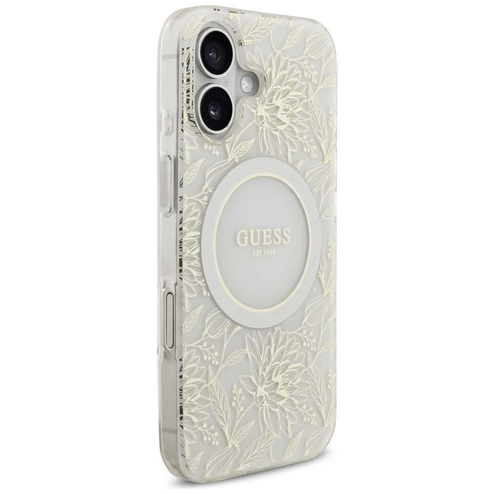 Custodia MagSafe per Apple iPhone 17, Guess, IML Flowers with Pearl Strap, Bianca