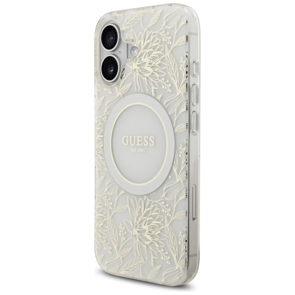 Custodia MagSafe per Apple iPhone 17, Guess, IML Flowers with Pearl Strap, Bianca