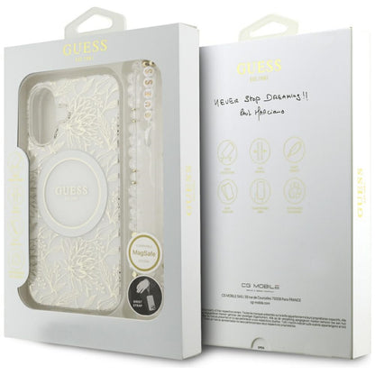 Custodia MagSafe per Apple iPhone 17, Guess, IML Flowers with Pearl Strap, Bianca