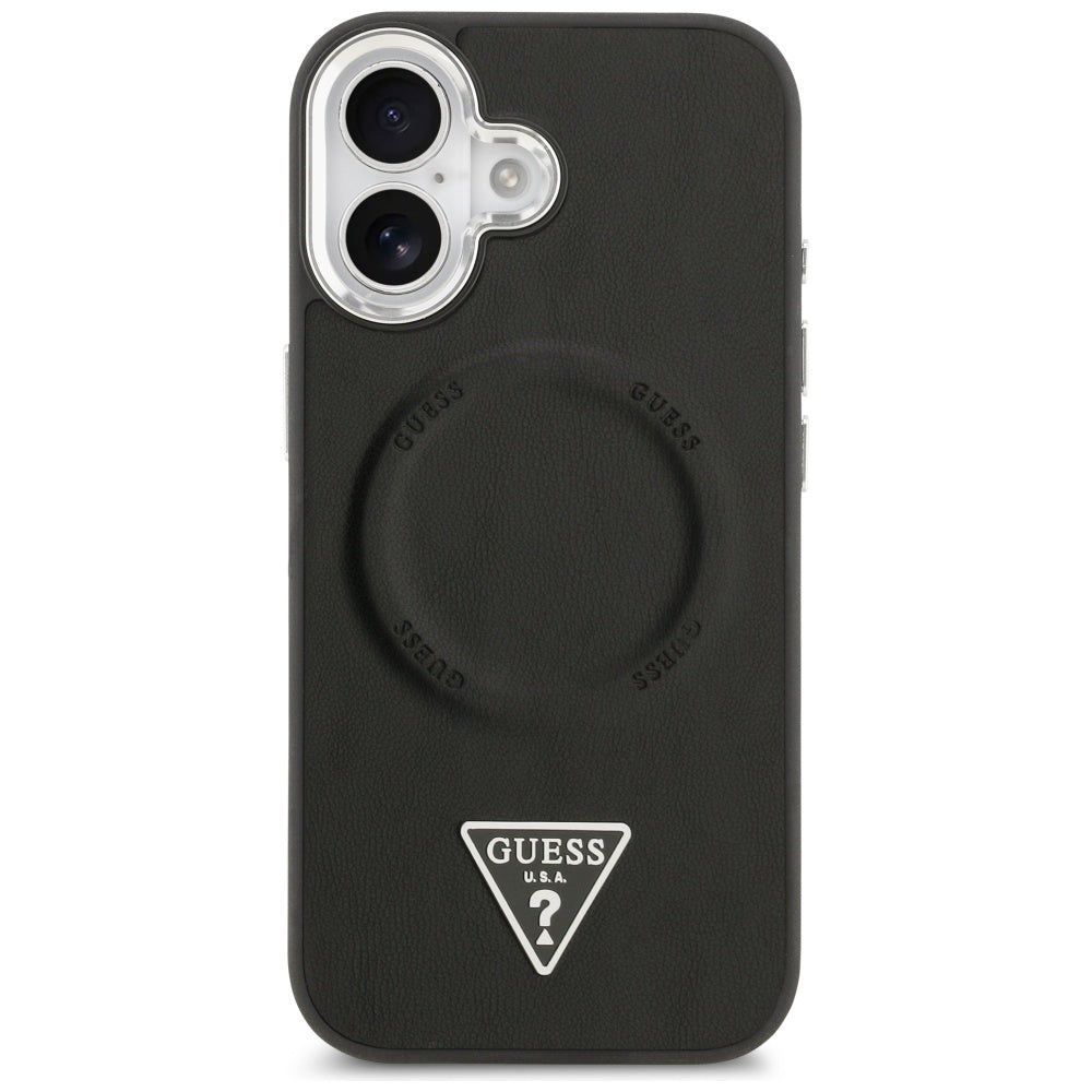 Custodia MagSafe per Apple iPhone 17, Guess, Logo Triangolo, Nera Argentata
