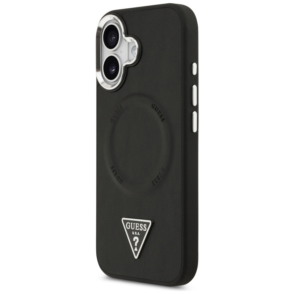 Custodia MagSafe per Apple iPhone 17, Guess, Logo Triangolo, Nera Argentata