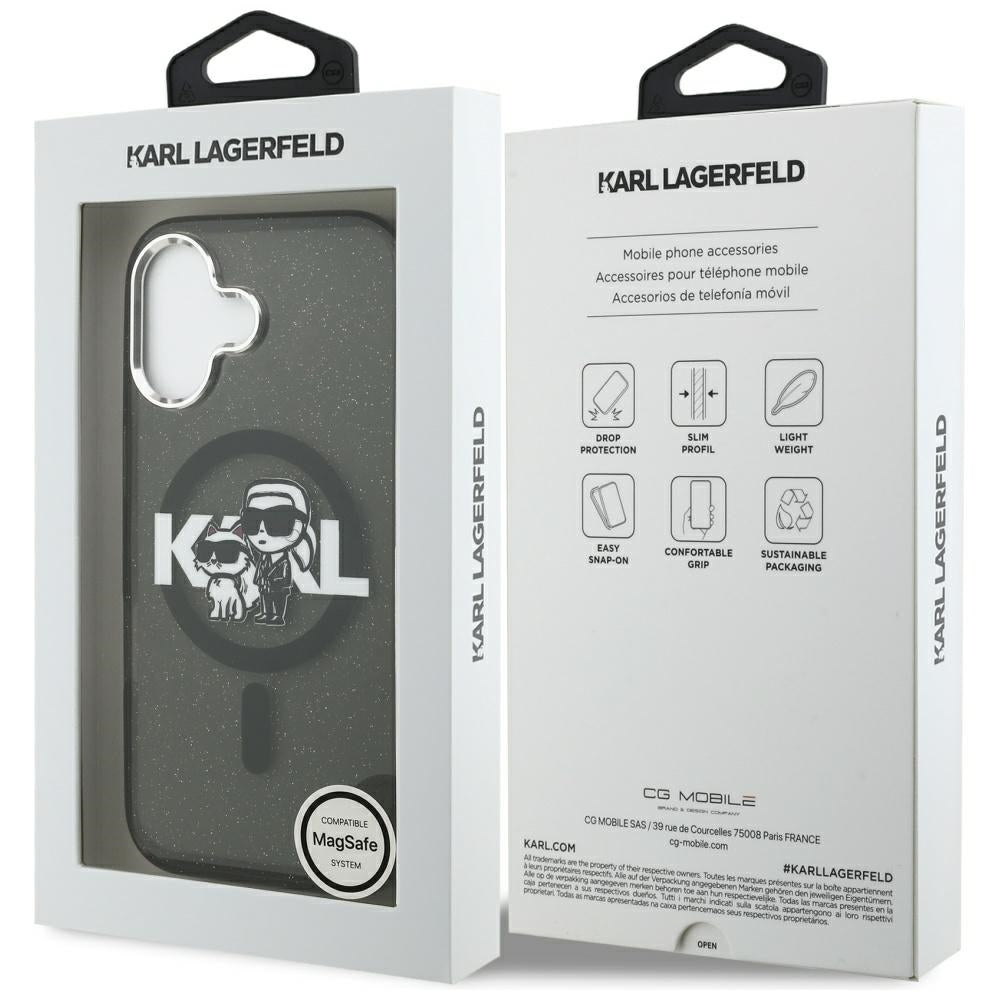 Custodia MagSafe per Apple iPhone 17, Karl Lagerfeld, IML Sketch Logo Glitter Karl & Choupette, Nera