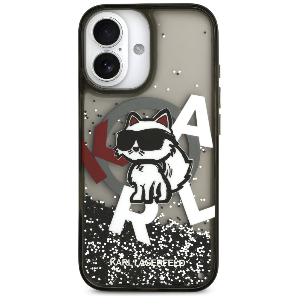 Custodia MagSafe per Apple iPhone 17, Karl Lagerfeld, Liquid Glitter Logo Choupette, Nera