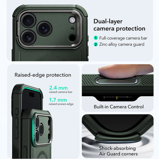 Custodia MagSafe per Apple iPhone 17 Pro, ESR, Cyber Armor Kickstand, Verde
