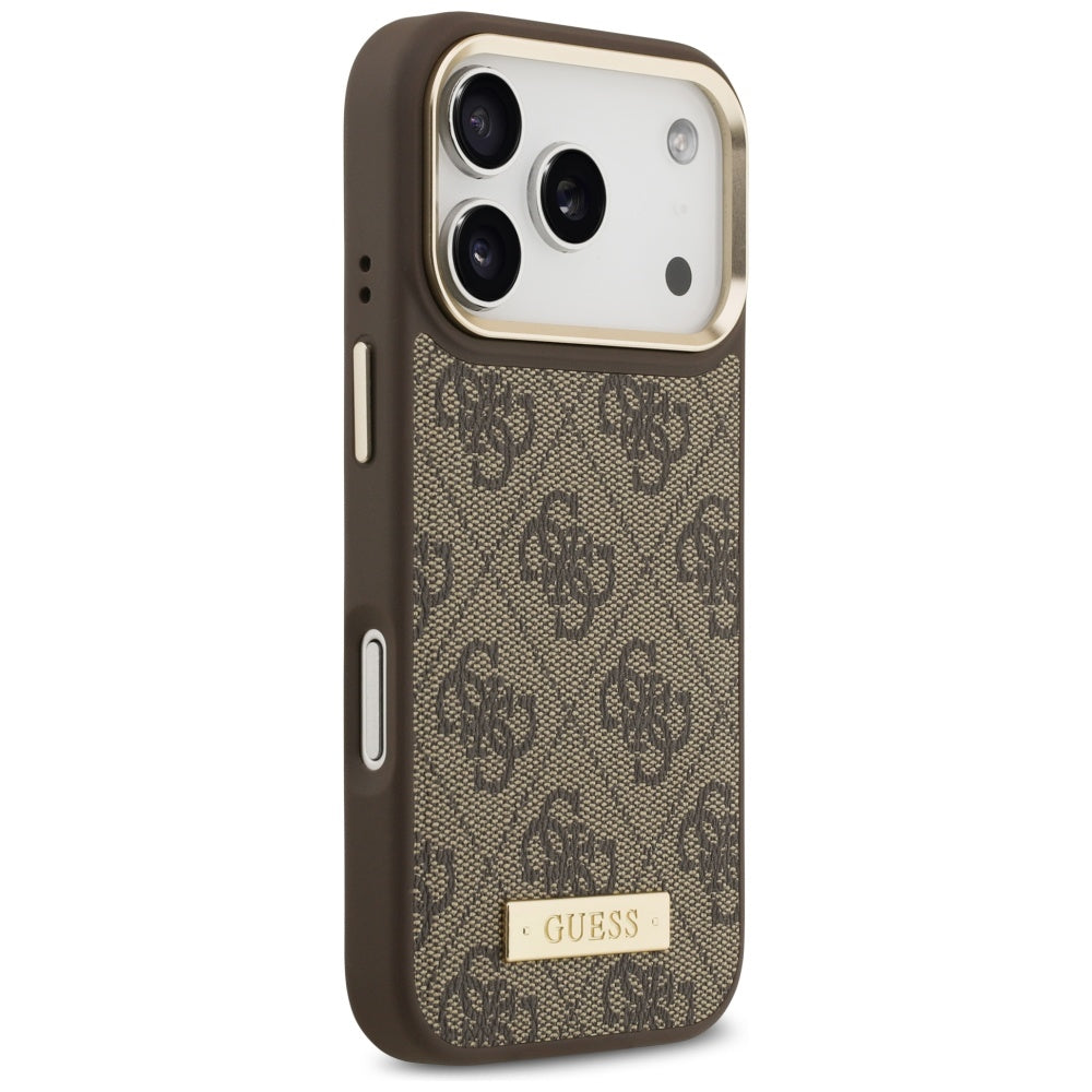 Custodia MagSafe per Apple iPhone 17 Pro, Guess, 4G Logo Plate, Marrone