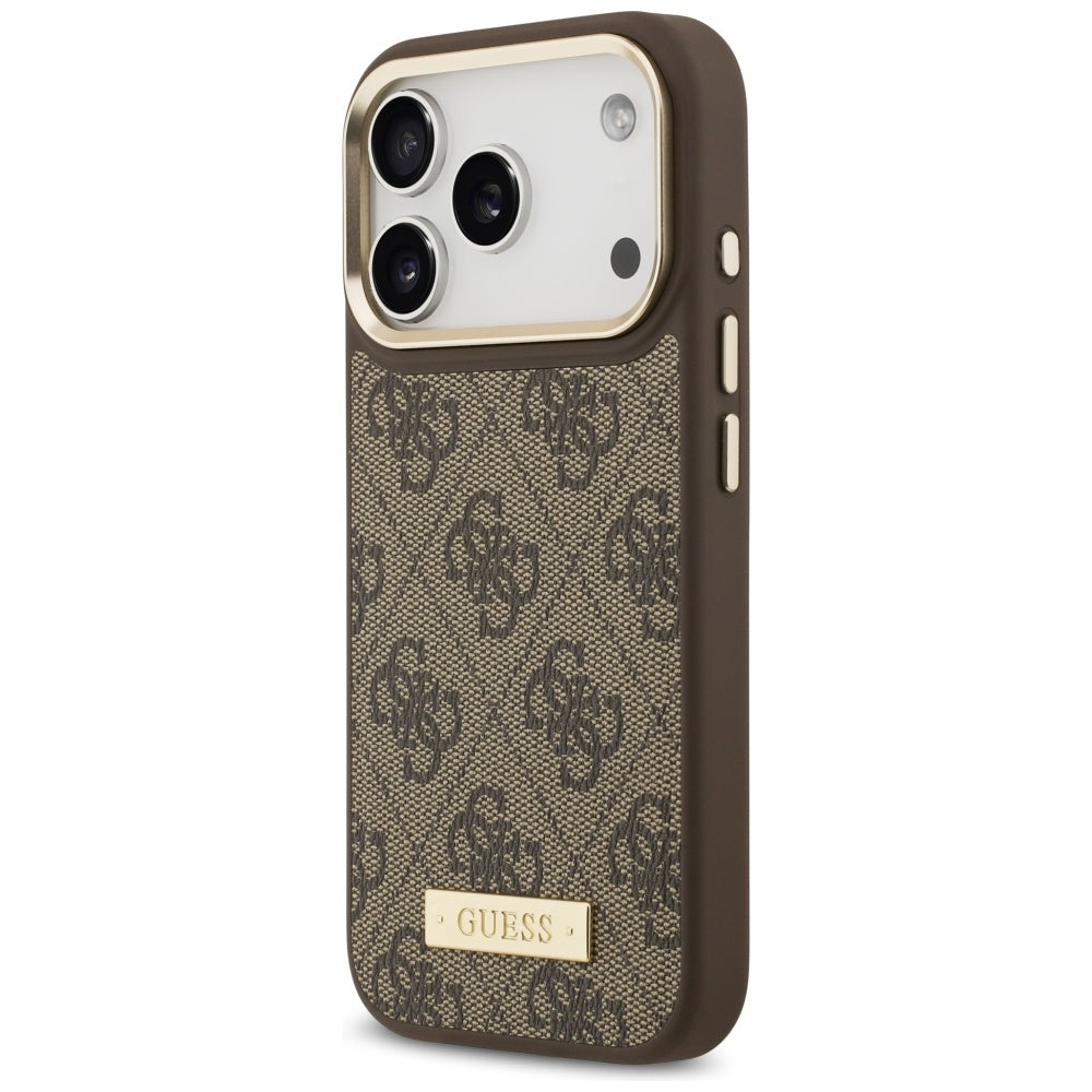 Custodia MagSafe per Apple iPhone 17 Pro, Guess, 4G Logo Plate, Marrone