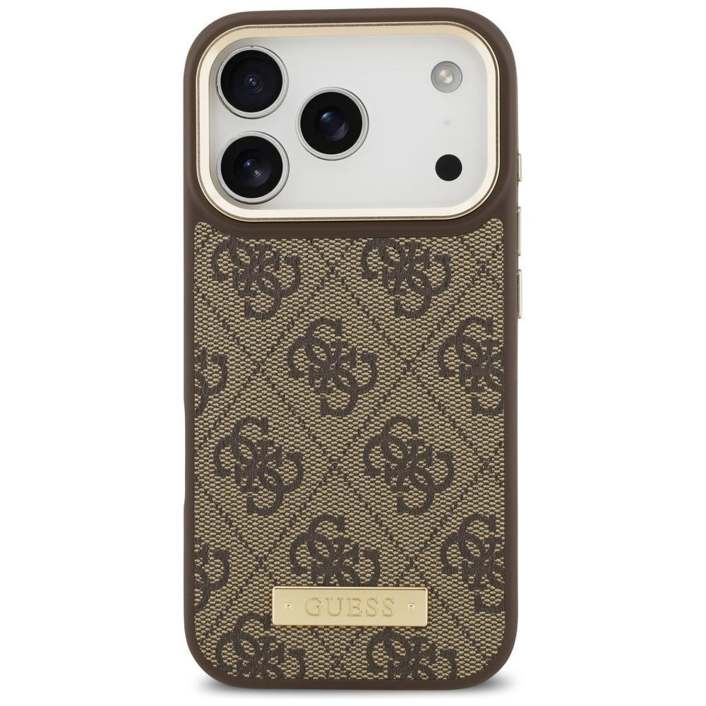 Custodia MagSafe per Apple iPhone 17 Pro, Guess, 4G Logo Plate, Marrone