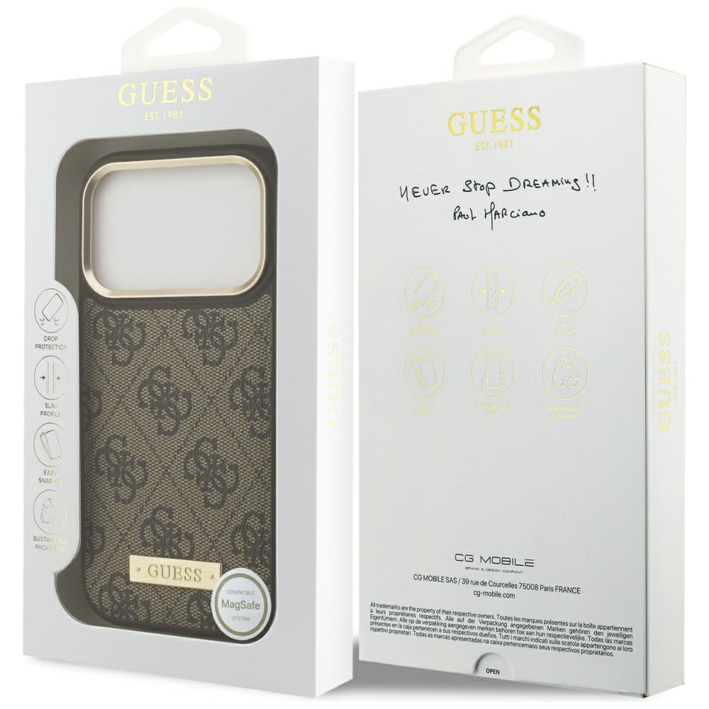 Custodia MagSafe per Apple iPhone 17 Pro, Guess, 4G Logo Plate, Marrone