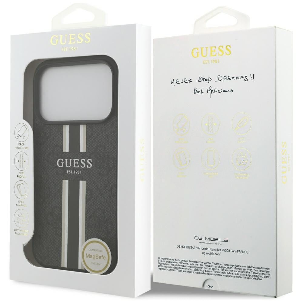 Custodia MagSafe per Apple iPhone 17 Pro, Guess, 4G Printed Stripes, Nera