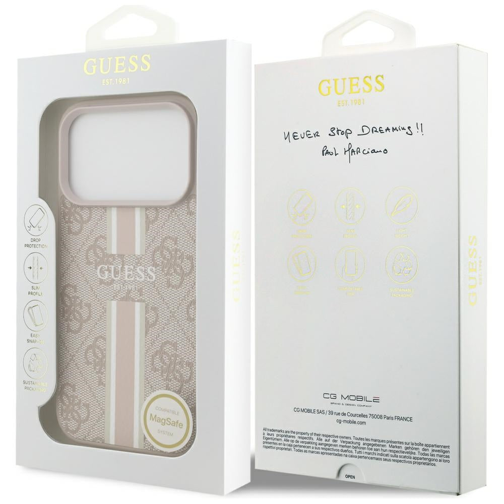 Custodia MagSafe per Apple iPhone 17 Pro, Guess, 4G Printed Stripes, Rosa