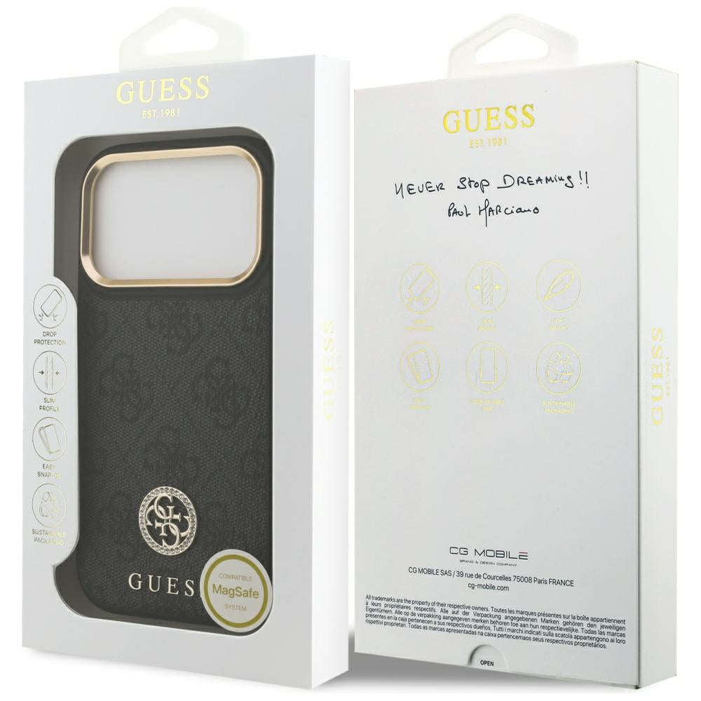 Custodia MagSafe per Apple iPhone 17 Pro, Guess, Logo Strass 4G, Nera