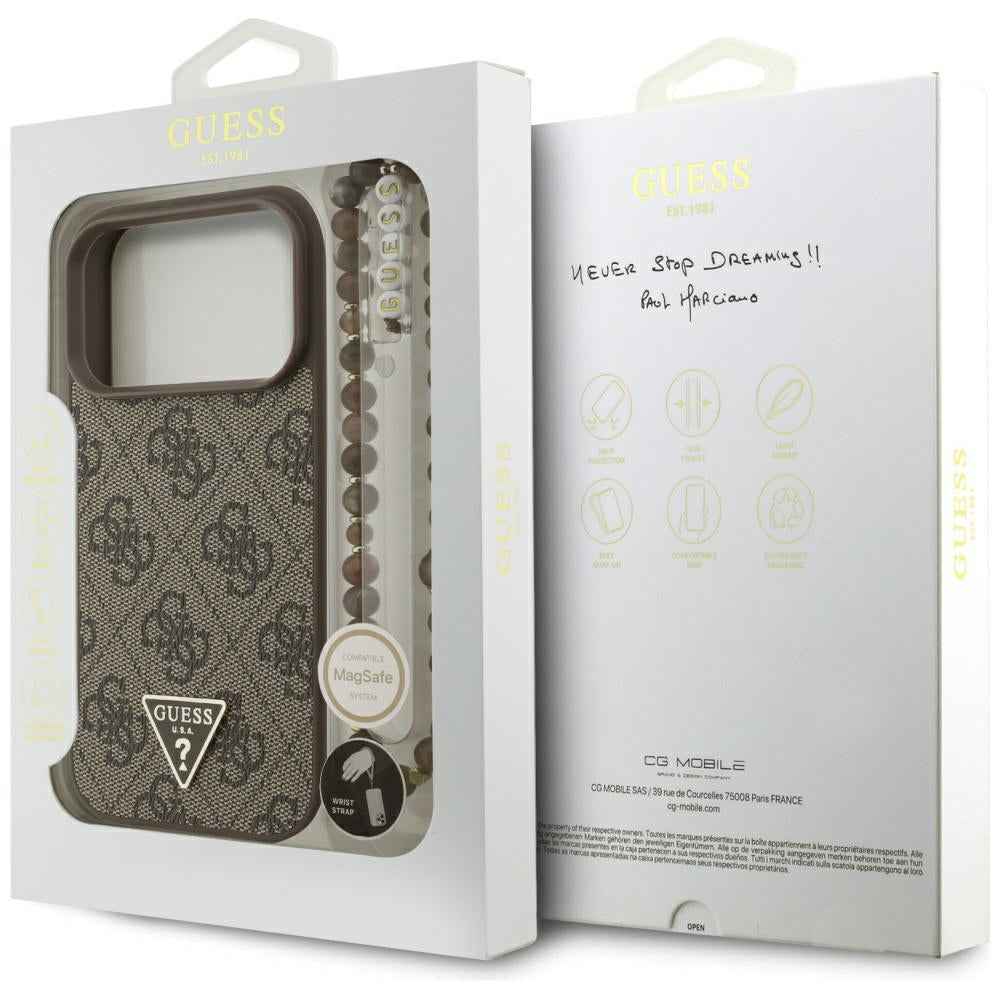 Custodia MagSafe per Apple iPhone 17 Pro, Guess, Logo Triangolo 4G con Cinturino di Perle, Marrone