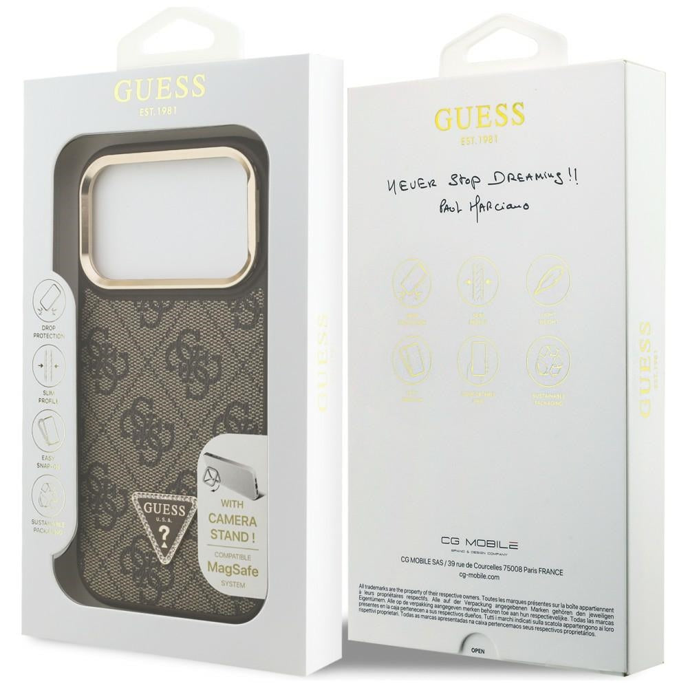 Custodia MagSafe per Apple iPhone 17 Pro, Guess, Logo Triangolo 4G con Supporto Fotocamera, Marrone Dorato