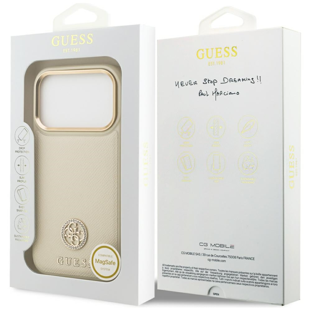 Custodia MagSafe per Apple iPhone 17 Pro, Guess, Grained Strass Logo, Beige