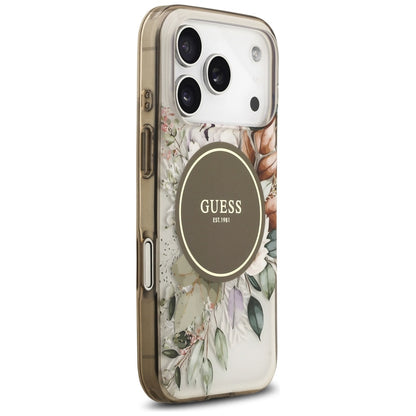 Custodia MagSafe per Apple iPhone 17 Pro, Guess, IML Flower and Tonal Circle, Marrone