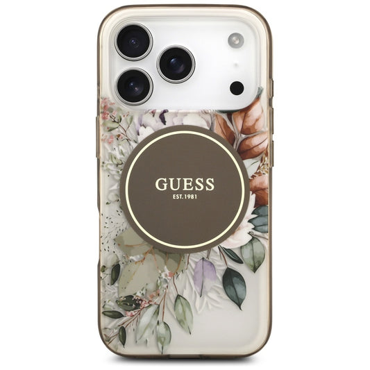 Custodia MagSafe per Apple iPhone 17 Pro, Guess, IML Flower and Tonal Circle, Marrone