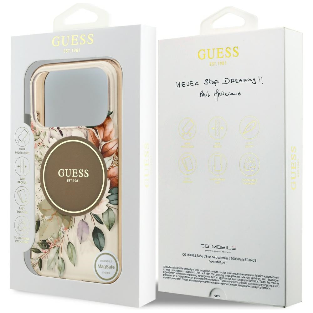 Custodia MagSafe per Apple iPhone 17 Pro, Guess, IML Flower and Tonal Circle, Marrone