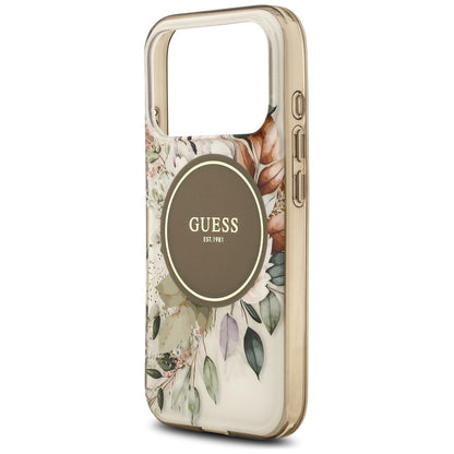 Custodia MagSafe per Apple iPhone 17 Pro, Guess, IML Flower and Tonal Circle, Marrone