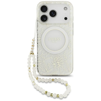Custodia MagSafe per Apple iPhone 17 Pro, Guess, IML Flowers Allover Electroplated with Pearl Strap, Bianca