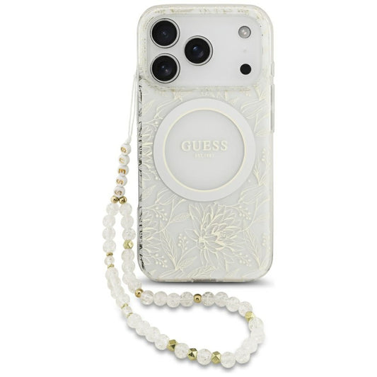 Custodia MagSafe per Apple iPhone 17 Pro, Guess, IML Flowers Allover Electroplated with Pearl Strap, Bianca
