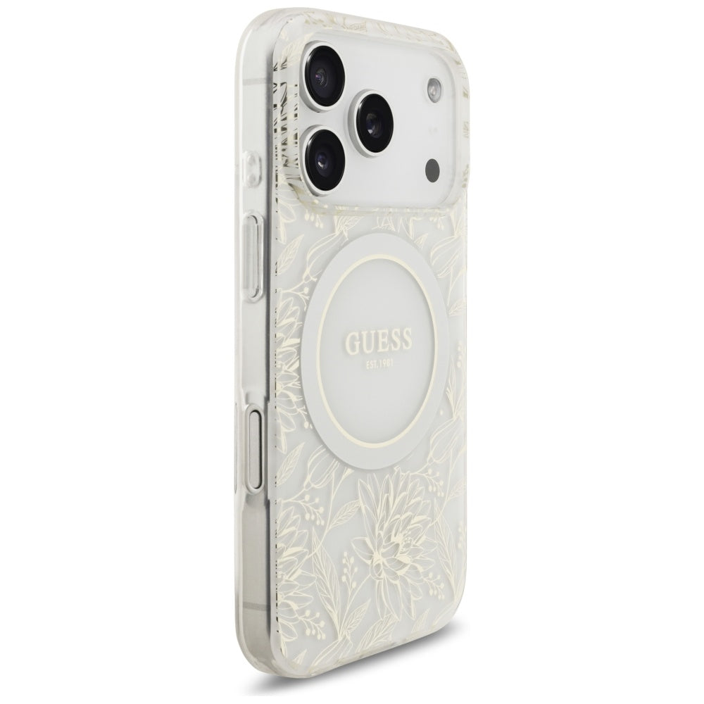 Custodia MagSafe per Apple iPhone 17 Pro, Guess, IML Flowers Allover Electroplated with Pearl Strap, Bianca