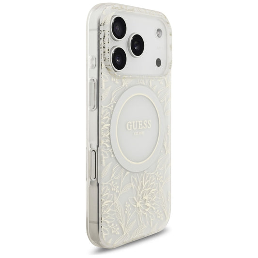 Custodia MagSafe per Apple iPhone 17 Pro, Guess, IML Flowers Allover Electroplated with Pearl Strap, Bianca