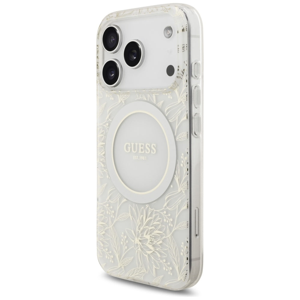 Custodia MagSafe per Apple iPhone 17 Pro, Guess, IML Flowers Allover Electroplated with Pearl Strap, Bianca