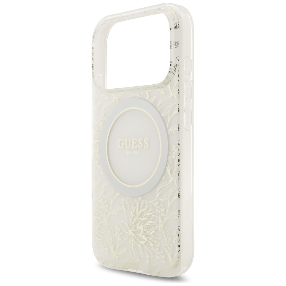 Custodia MagSafe per Apple iPhone 17 Pro, Guess, IML Flowers Allover Electroplated with Pearl Strap, Bianca