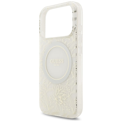 Custodia MagSafe per Apple iPhone 17 Pro, Guess, IML Flowers Allover Electroplated with Pearl Strap, Bianca