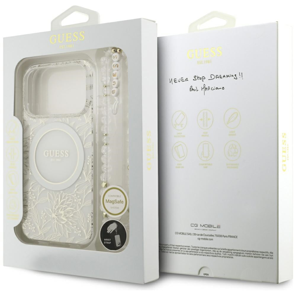 Custodia MagSafe per Apple iPhone 17 Pro, Guess, IML Flowers Allover Electroplated with Pearl Strap, Bianca