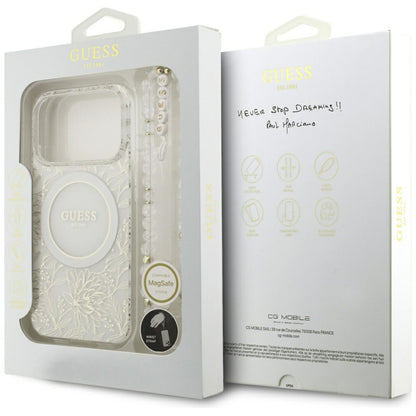 Custodia MagSafe per Apple iPhone 17 Pro, Guess, IML Flowers Allover Electroplated with Pearl Strap, Bianca