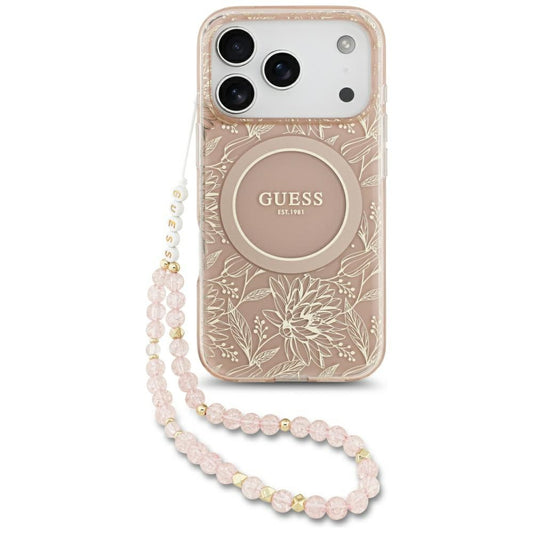 Custodia MagSafe per Apple iPhone 17 Pro, Guess, IML Flowers Allover Electroplated with Pearl Strap, Rosa