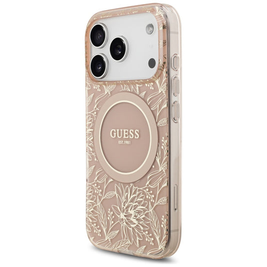 Custodia MagSafe per Apple iPhone 17 Pro, Guess, IML Flowers Allover Electroplated with Pearl Strap, Rosa