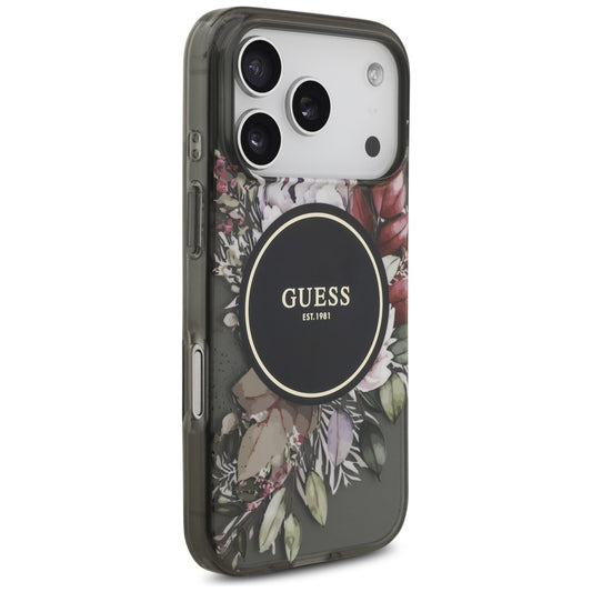 Custodia MagSafe per Apple iPhone 17 Pro, Guess, IML Flowers with Pearl Strap, Nera