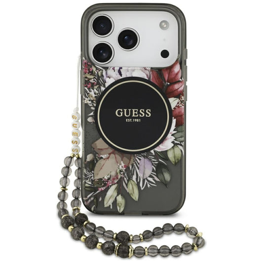 Custodia MagSafe per Apple iPhone 17 Pro, Guess, IML Flowers with Pearl Strap, Nera