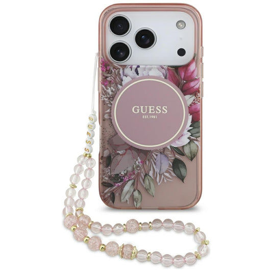 Custodia MagSafe per Apple iPhone 17 Pro, Guess, IML Flowers with Pearl Strap, Rosa